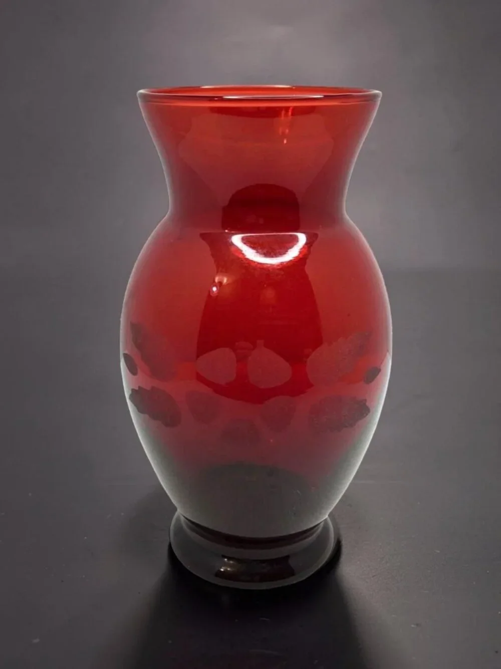 vintage anchor hocking ruby red etched flower glass vase